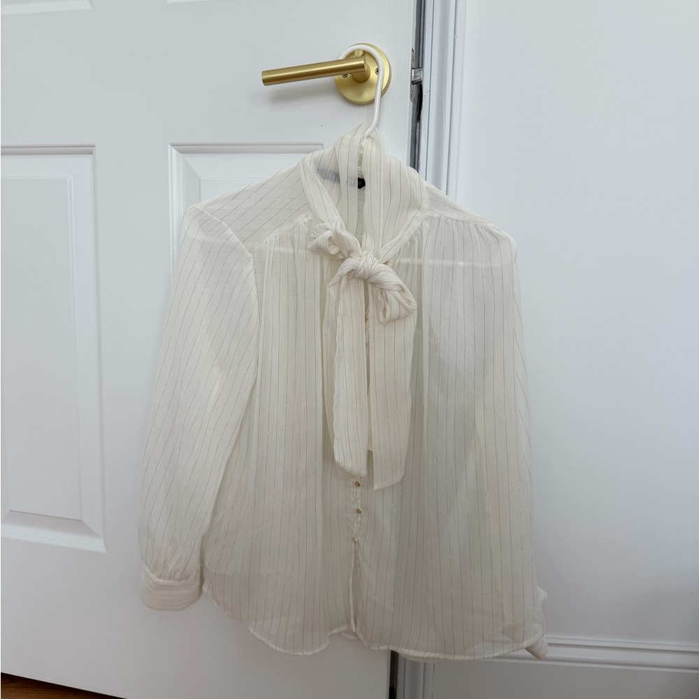 Zara Cream Sheer Blouse with Bow Tie
